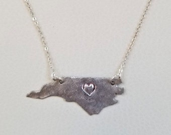 Hammered Sterling Silver Hand made NC Heart Necklace Pendant, 18" Long Sterling Chain, Hometown,  North Carolina  State necklace, Vintage