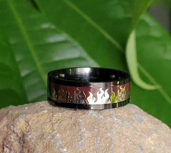 Black Oxidized Stainless Steel Flame / Fire Ring, Gold Flame Ring