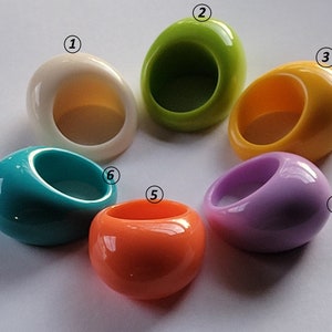 May include: Six colorful plastic rings, each with a different color: white, green, yellow, purple, orange, and blue.