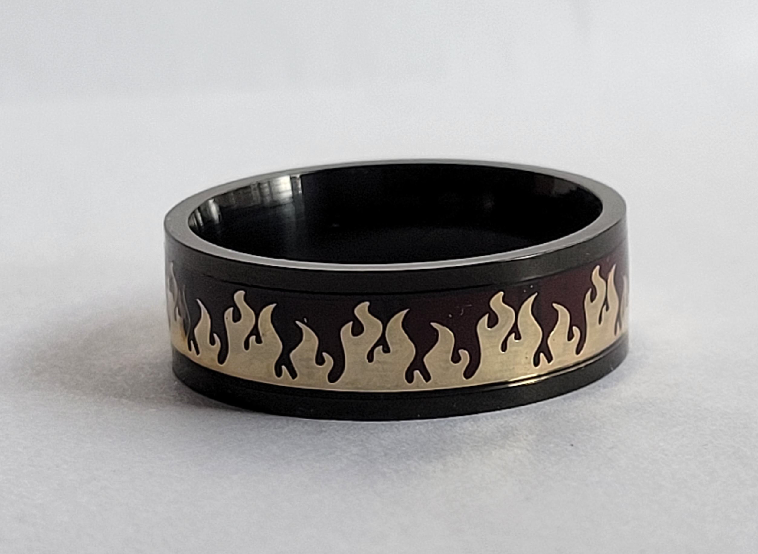 Black Oxidized Stainless Steel Flame / Fire Ring, Gold Flame Ring