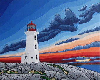 Peggy's Cove Lighthouse/20x16 Original acrylic painting//Maritime art/Canadian art/Corporate wall art/large painting/Print/Ocean sunset