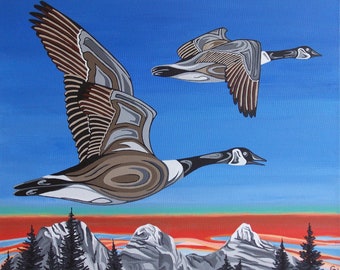 Canadian Geese Flying over Mountains/20x16 Original acrylic painting/Three Sisters mountains/mountain landscape/Print/Banff art/Canadian art