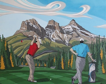 Golfer Three Sisters Mountains Canmore/Golf art/Mountain painting/20x16 Original painting/Print/sport landscape/grass/corporate wall art