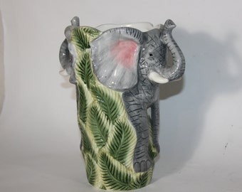 Double Elephant Flower Vase Ceramic Pottery Palm Leaves Floral Decor Vase - Trunk up Elephant gift - Good luck Elephant Figurine Decor gift