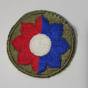 May include: A green, red, white, and blue embroidered patch with a stylized flower design. The flower has eight petals and a white circle in the center.