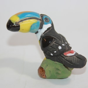 Vtg Hand Made Ceramic Pottery Toucan Bird Figurine - Colorful Toucan bird - Peru - Colorful Bird Figurine Blue,Red & Yellow Beak Black bird