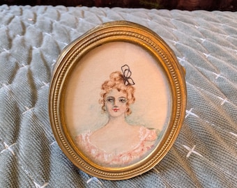 Antique Vintage Miniature Portrait Painting  Signed B.W Framed Elegant Woman Lady Portrait Antique Miniature Victorian Portrait romantic