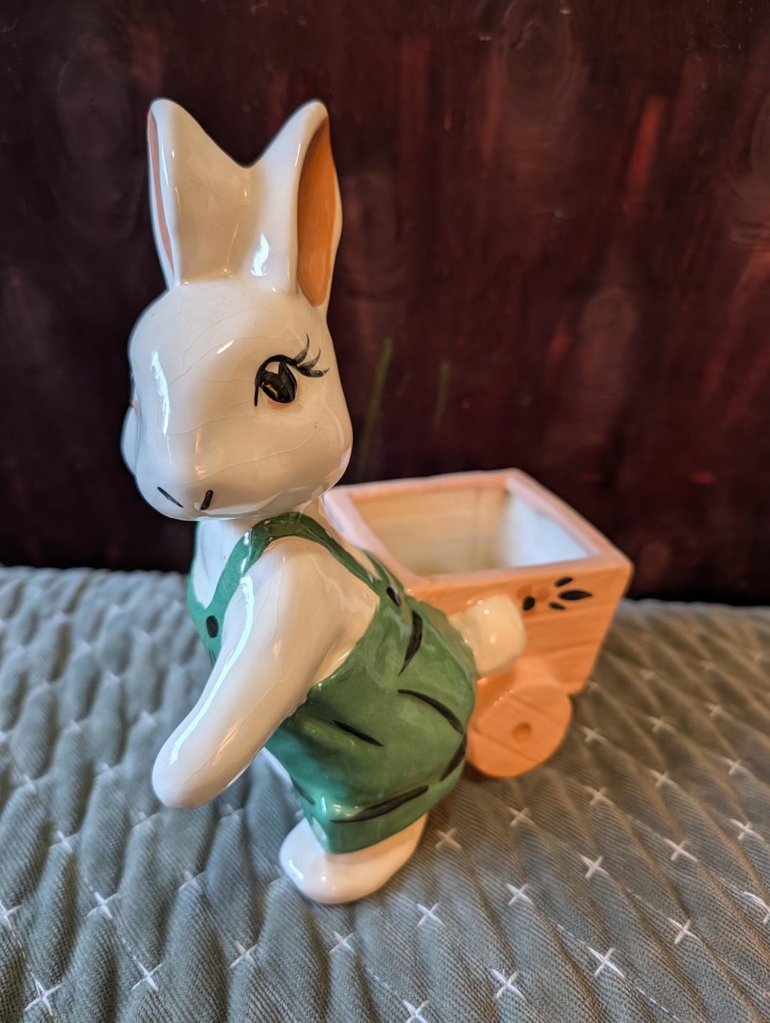 Vtg Rabbit With Cart Wagon Wheelbarrow White Bunny in Green Overalls ...