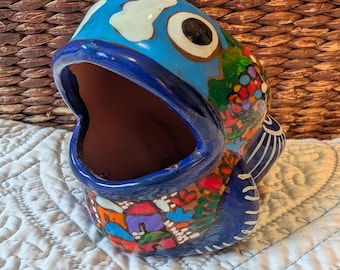 Rana de boca ancha vintage, cerámica mexicana pintada a mano, arte popular, plato de baratijas de esponja, rana vibrante y colorida, regalo, adorno coleccionable, decoración de cabaña