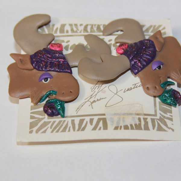 Vintage Handmade Moose W/ purple Rose Polymer Clay Pierced Earrings by Tigre Lis - Moose Knick Knack gift Collectible - Holiday Winter Gift