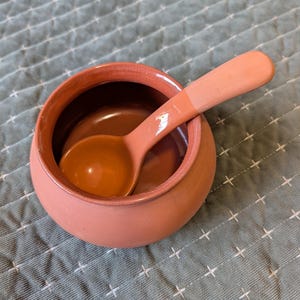 May include: A small, round, terracotta-colored bowl with a matching spoon resting inside. The spoon has a long handle and a rounded scoop. The bowl and spoon are made of a matte, unglazed material.