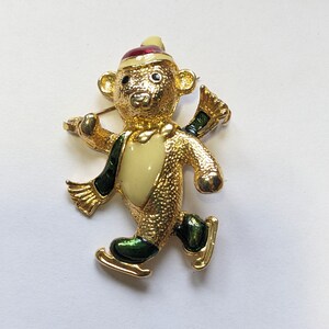 Vtg Christmas Bear Pin Brooch Skating Teddy Bear Pin Brooch Gold Tone Rhinestone Christmas knick knack winter teddy bear figurine gift