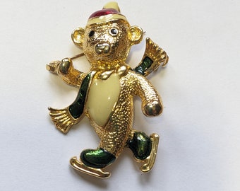 Vtg Christmas Bear Pin Brooch Skating Teddy Bear Pin Brooch Gold Tone Rhinestone Christmas knick knack winter teddy bear figurine gift