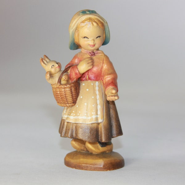 Vintage Anri Club Ferrandiz Wood Carving "Girl With Rabbit In Basket" Figurine Italy - Girl With Bunny Rabbit In basket - Knick Knack Gift