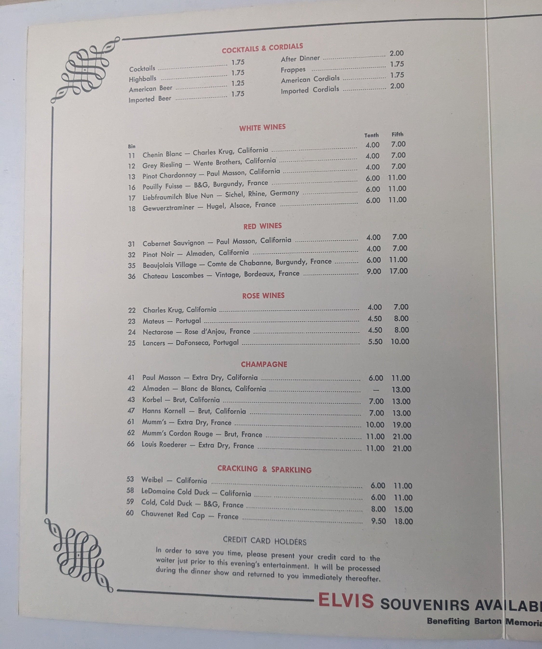 レア　エルビスプレスリー　1975年　スベニアメニュー　ディナーショー レア エルビスプレスリー 1975年 スベニアメニュー ディナー