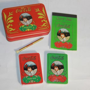 Vtg Coca Cola Playing Cards Two Decks, Score Card, Pencil & Matching Tin Box - Coca Cola Gift - Coca Cola Knick knack - Vtg Coca Cola Decor