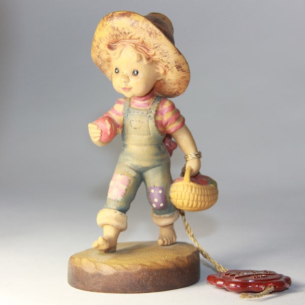 Anri Carving Apple Of My Eye Figurine Boy with Apple Basket By Sarah Kay Italy - Knick Knack Gift - Hand Made Hand Carved hand Painted Italy