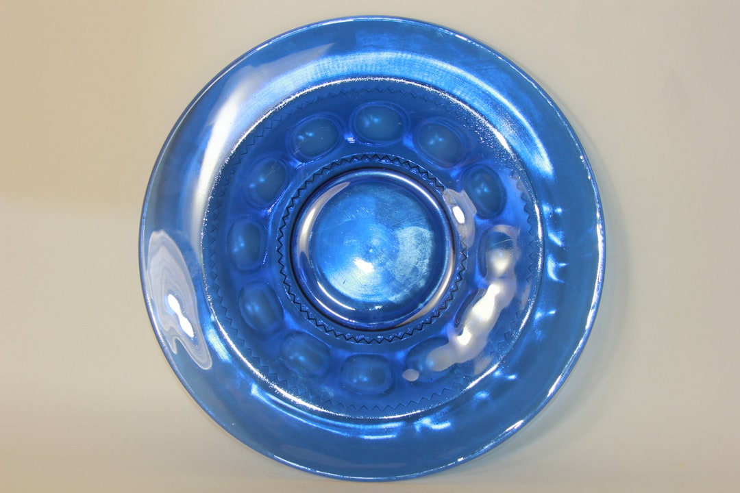 Vtg TIARA Cobalt Blue King's Crown Imperial Thumbprint Round Serving