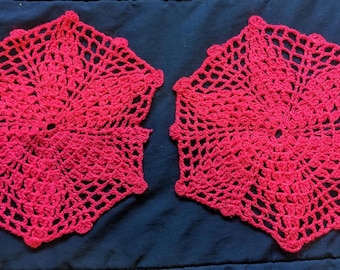 2 Vtg Handmade Crochet Pink doily Lace Round table Setting 7.5" Neon Pink Goth doily Lace tablecloth table cover 7.5" Hot Pink Goth vtg tabl