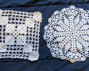 2 Vtg Handmade Crocheted White Circle/Square Shaped Doily Table Mats Decor 9/10” vtg table setting bar decor teaparty decor wedding decor