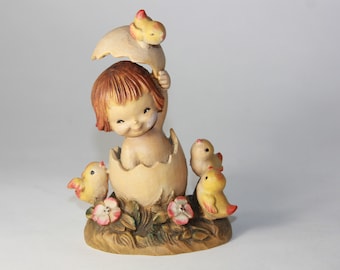 Vintage ANRI Ferrandiz Wooden Figurine Girl in Egg with Birds Flowers Figurine Carving Made in  Italy - Easter Spring Decor Gift Knick Knack