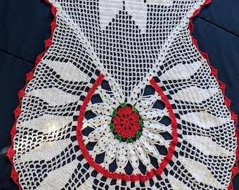 Vtg Handmade Crocheted Doily White/Red/Green Floral Table Runner 4ft Centerpiece table setting bar decor teaparty decor wedding decor gift