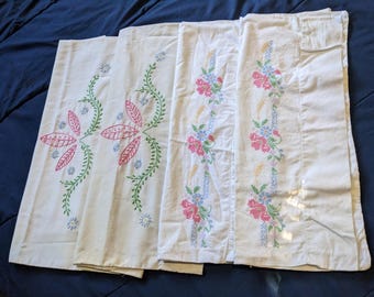 4 Vtg Pillow Cases Embroidered Cross Stitch Multi Color Leaf pattern Floral Pillowcases Vtg Pink decor Pink Gift Pink bedding cottagecore
