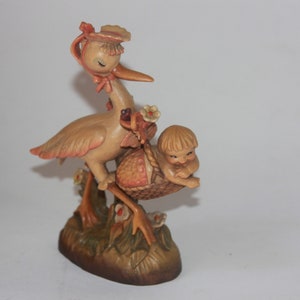 Anri Ferrandiz Sweet Arrival Stork With Baby Girl Pink Blanket - wood Carving Hand Carved Hand Painted wood Figurine Collectible Knick Knack