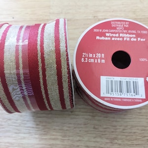 2 Christmas Ribbon Holiday 2.5&quot;x20ft Wired Ribbon Red Striped Burlap Ribbon Gift Burlap crafty present gift wrappin reindeer red and brown