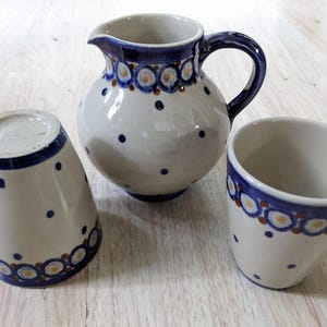 Vtg KL Hand painted Stoneware Creamer Pitcher & Cups handmade Germany #1834 cobalt blue white brown polka dot coffee tea set German pottery