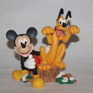 Vtg Disney Mickey Mouse And Pluto Figurine Figure Disney Collectible - Mickey and Pluto on Tree stump - Mickey mouse Collectible knick knack image 1