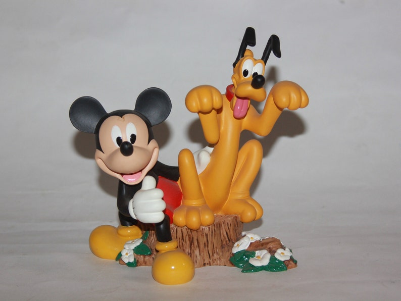 Vtg Disney Mickey Mouse And Pluto Figurine Figure Disney Collectible - Mickey and Pluto on Tree stump - Mickey mouse Collectible knick knack image 1