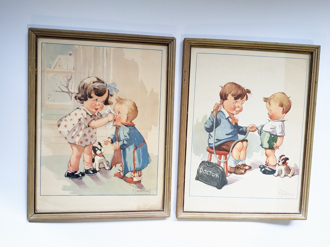 Set of Two Charles Twelvetrees Print Art Doctor & Little Girl Helping