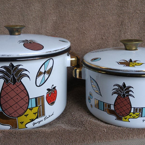 Set of 2 GEORGES BRIARD Enamel Pineapple Pots Mid Century cookware