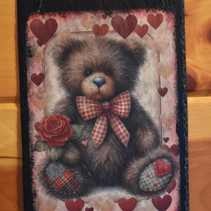 Slate Art Sign, Valentines Day, Teddy Bear, Hearts, Baby&#39;s Room, Wall Decor,  Collector_Teddy Bear, Handmade Gift, Wall Hanging, Baby Gift