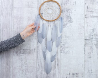 Long Gray Feather Dreamcatcher - Color Choice - Boho Girls Boys DreamCatcher Wall Hanging Baby Tribal Crib Baby Feathers New Baby nursery