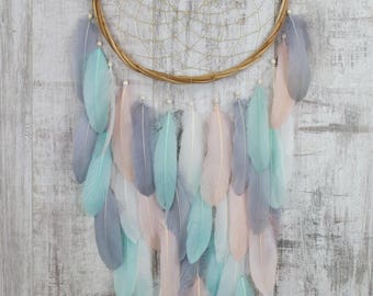 Long Blush, Mint and Gray Feather Dreamcatcher - Color Choice - Boho Girls Boys DreamCatcher Wall Hanging Decor Crib Baby Feathers nursery