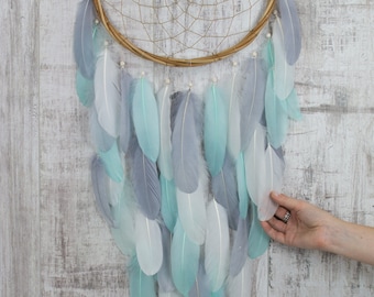 Long Mint, White and Gray Feather Dreamcatcher - Color Choice - Boho Girls Boys DreamCatcher Wall Hanging Decor Crib Baby Feathers nursery