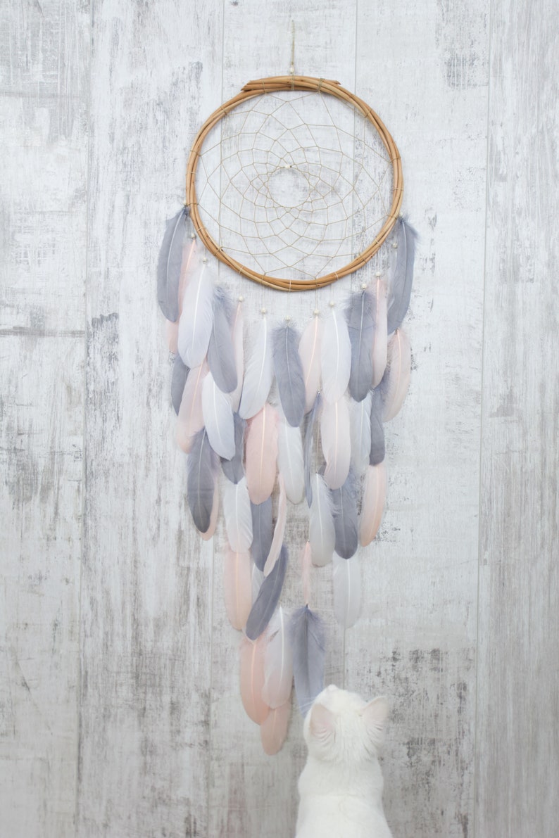Blush Pink and Gray Feather Dream Catcher Color Choice Boho Girls Boys DreamCatcher Wall Hanging Baby Tribal Crib Baby Feathers New Baby image 1