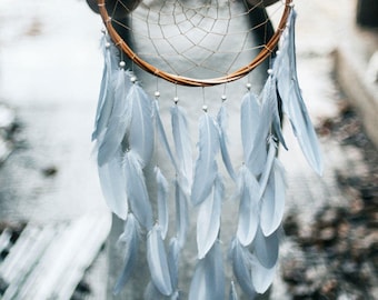 Dream Catcher Gray and White Feather Dreamcatcher - Color Choice - Boho Girls Boys DreamCatcher Wall Hanging Baby Tribal Crib Baby Feathers