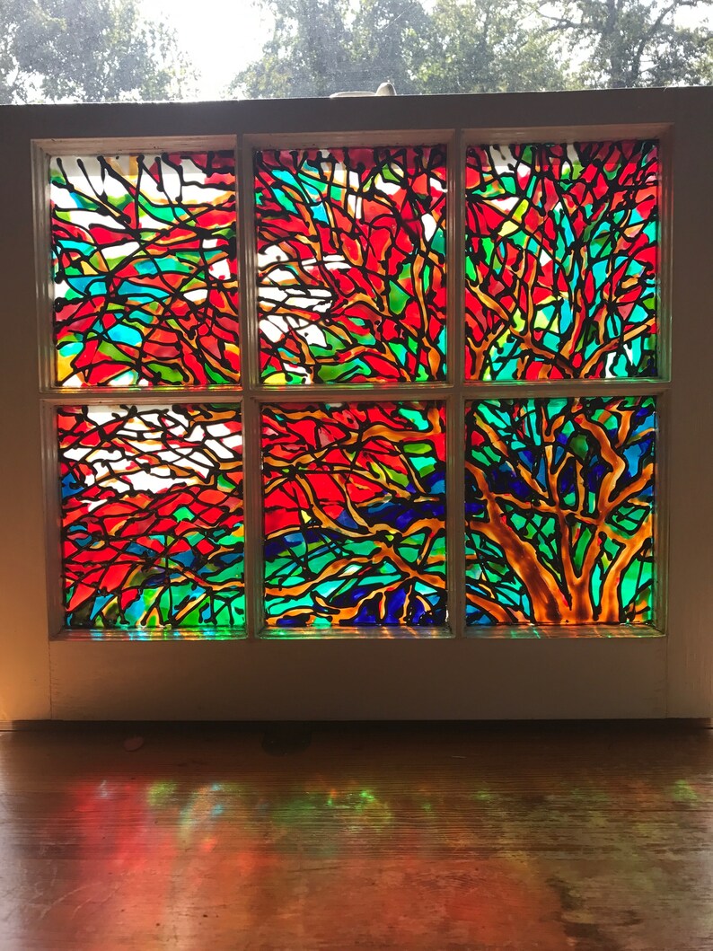 Autumn Tree Faux Stained Glass Hanging Window Art Vintage Image 0