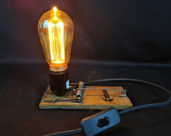 Decorative lamp based on an old wood and steel rat trap Vintage decorative bulb of your choice Mood lamp night light