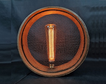 Decorative LAMP based on a recycled vintage SIEVE with long decorative LED bulb - To put or hang on the wall