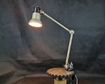 Industrial workshop lamp with two adjustable arms on clamp/vice base Hammered metallic brown paint