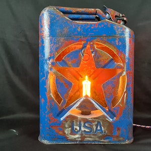 USA Steel jerrycan decorative lamp - Vintage blue & red, LED filament bulb, round electric wire, USA flag type