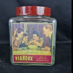 Originele vintage glazen kruideniersdoos en zijn bordeauxrode bakelieten schroefdeksel met VIANDOX deco-reproductie