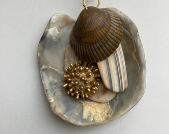 Sea shell pendant necklace, sea shells clustered with a sea urchin 12k and 18k gold accents