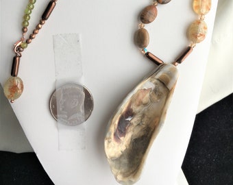 Sea shell necklace, long seashell, made of Prehnite, natural Picasso Jasper, bronze tubes and finished in copper makes this summer choker