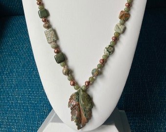 Carved Jasper leaf pendant, natural green Jade, Rhyolite Jasper earthy Asymmetrical fall necklace finished with copper beads and chain