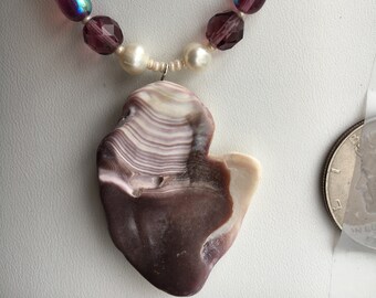 Wampum seashell necklace, colorful seashell shaped like Michigan, with Czech purple beads, Ivory pearls, silver tubes and glass teardrops